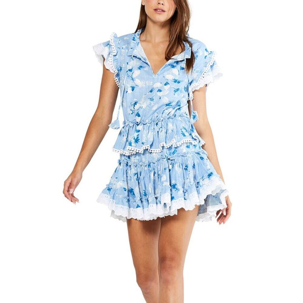 MISA Los Angeles Tuckernuck Lilian Mini Dress Blue Floral Ruffle Tiered Eyelet M